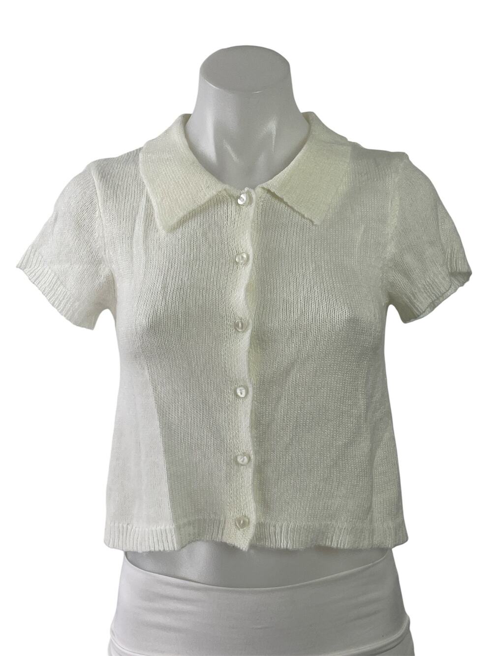 6ixty8ight Womens White Knit Collared Short Sleeve Button Down Crop Shirt Top M